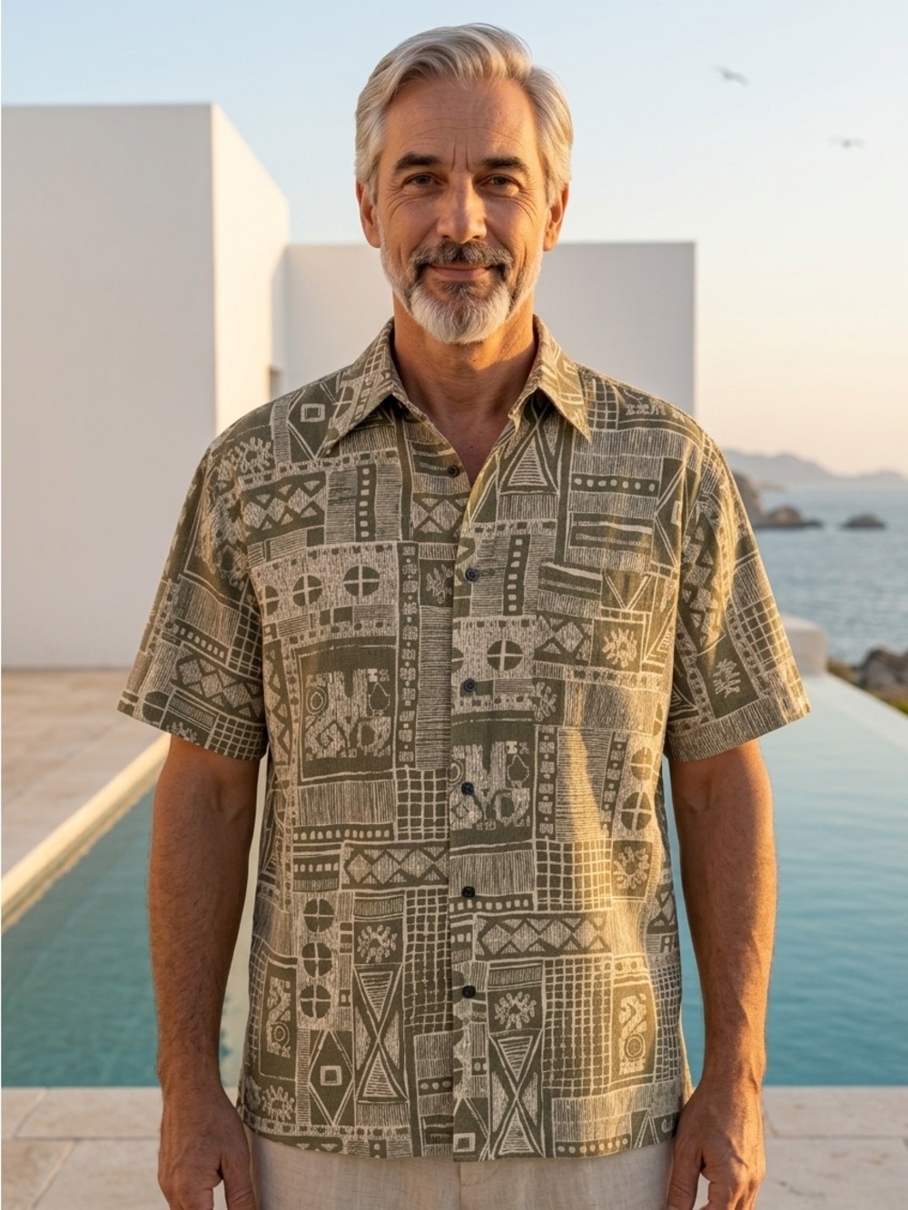 Roundtree and Yorke Men's Olive Green Silk Hawaiian Geo Button-Up Short Sleeve L